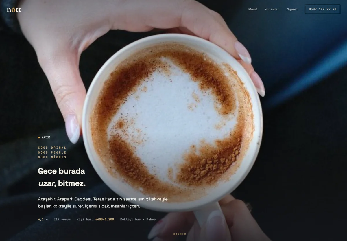 Nótt Ataşehir kokteyl bar web sitesinin gerçek ekran görüntüsü
